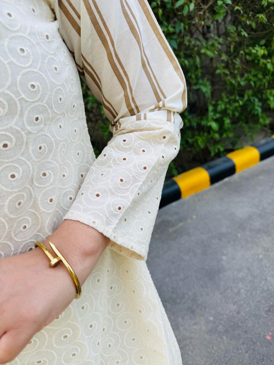 ANI | Women's Cream Eyelet Kurta Set | Striped Sleeve & Pant Suit with Tassels