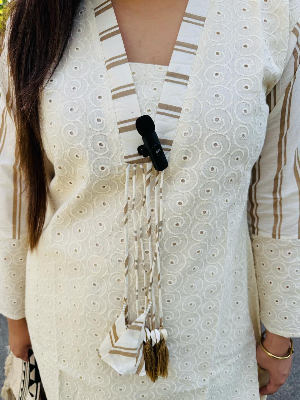 ANI | Women's Cream Eyelet Kurta Set | Striped Sleeve & Pant Suit with Tassels