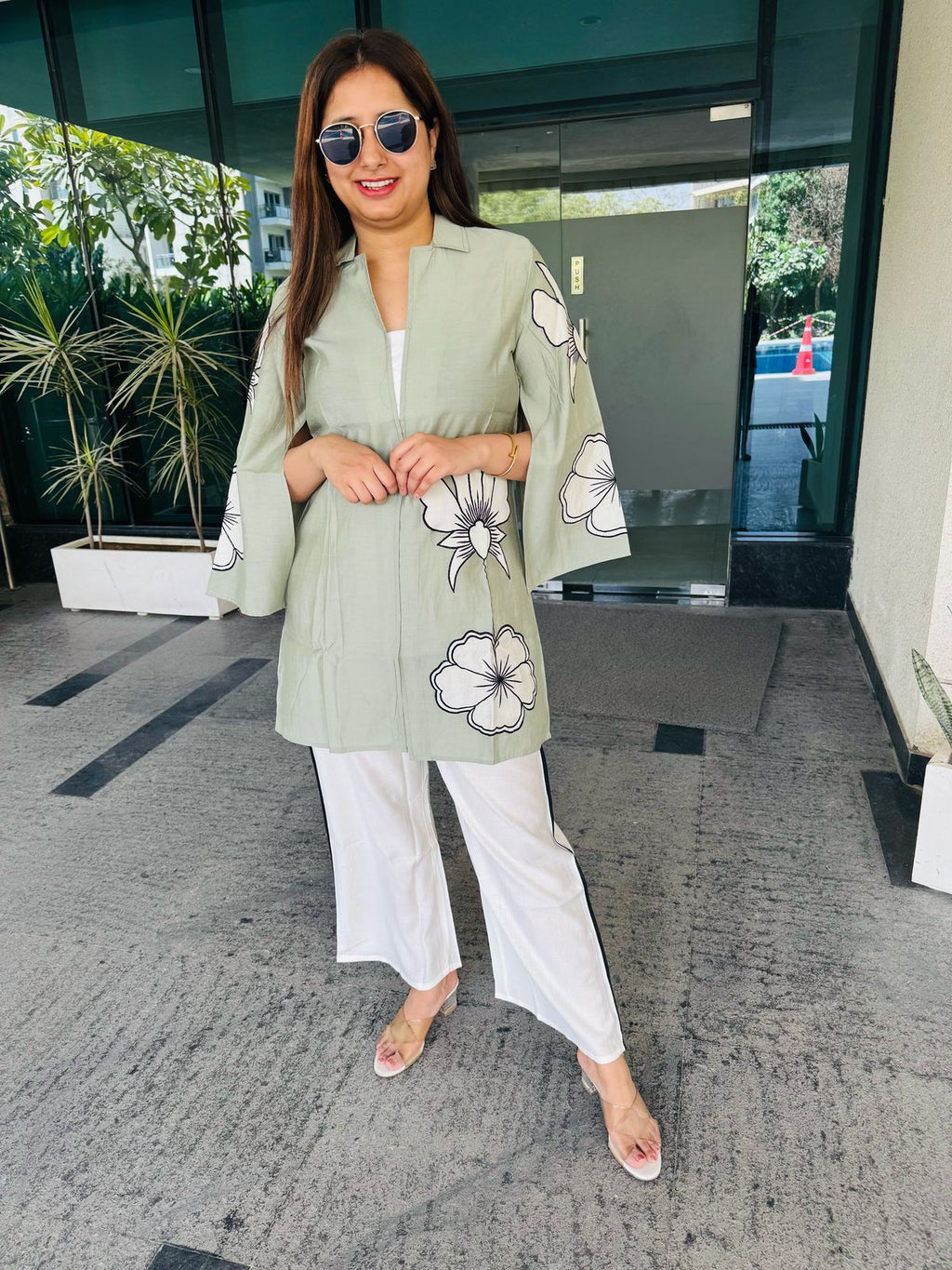 TANI | Women's Sage Green Oversized Floral Kurta Set | White Pant Modern Casual Co-ord