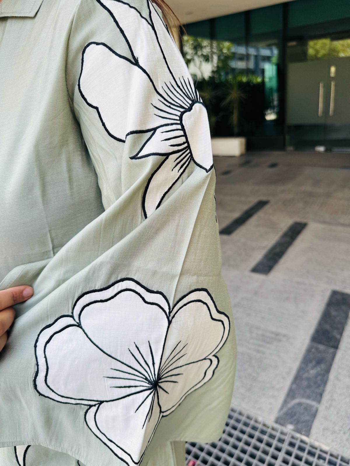 TANI | Women's Sage Green Oversized Floral Kurta Set | White Pant Modern Casual Co-ord