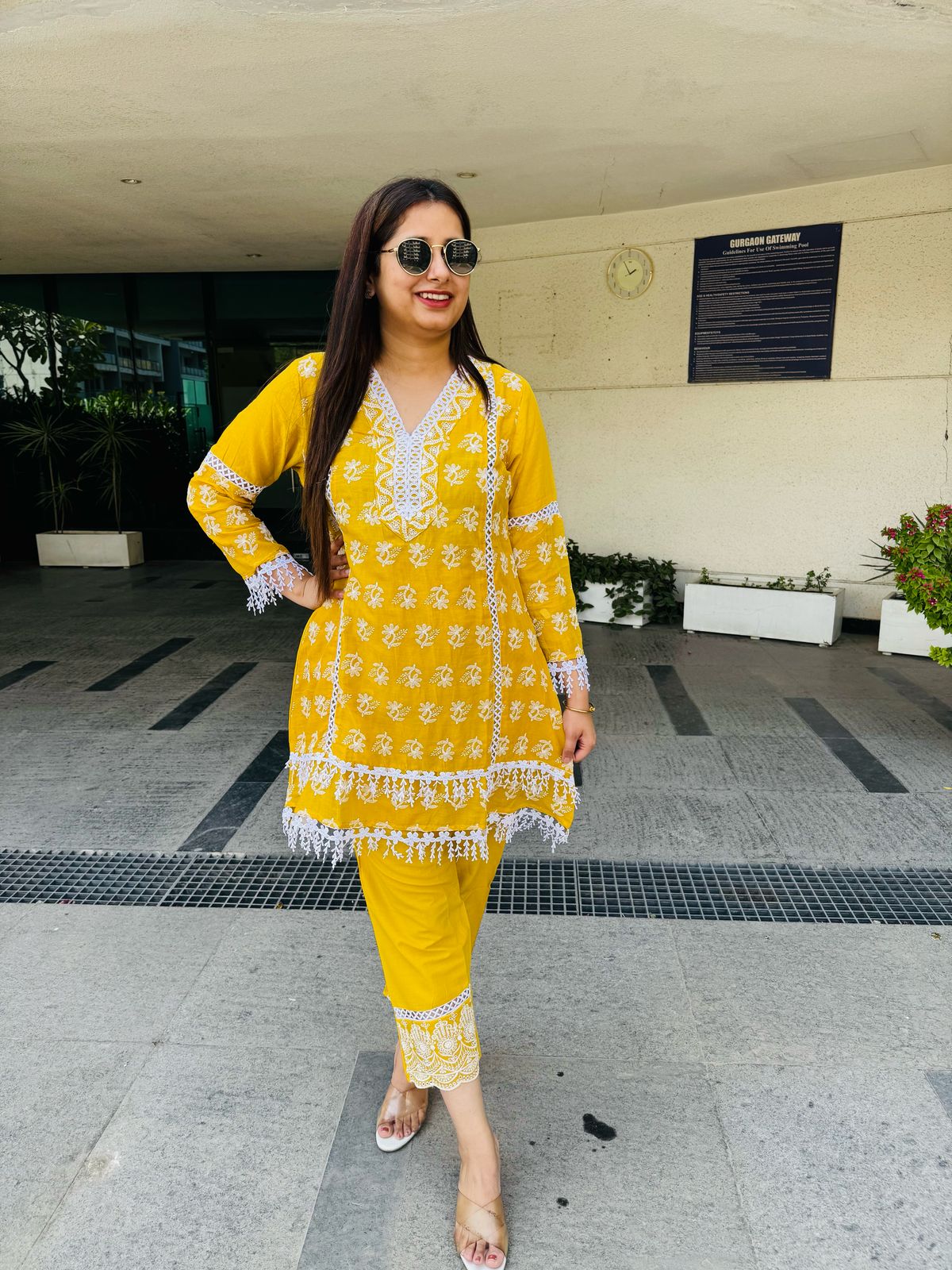 TITLI | Women's Yellow Blue Floral Embroidered Kurta Set | White Lace Net Sleeves Pant Suit