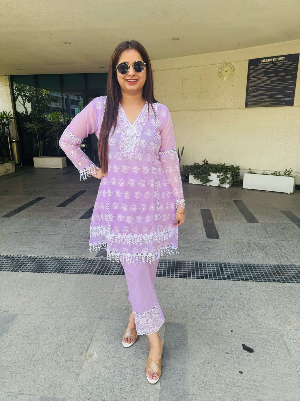 TITLI | Women's Pink Floral Embroidered Kurta Set | White Lace Net Sleeves Pant Suit