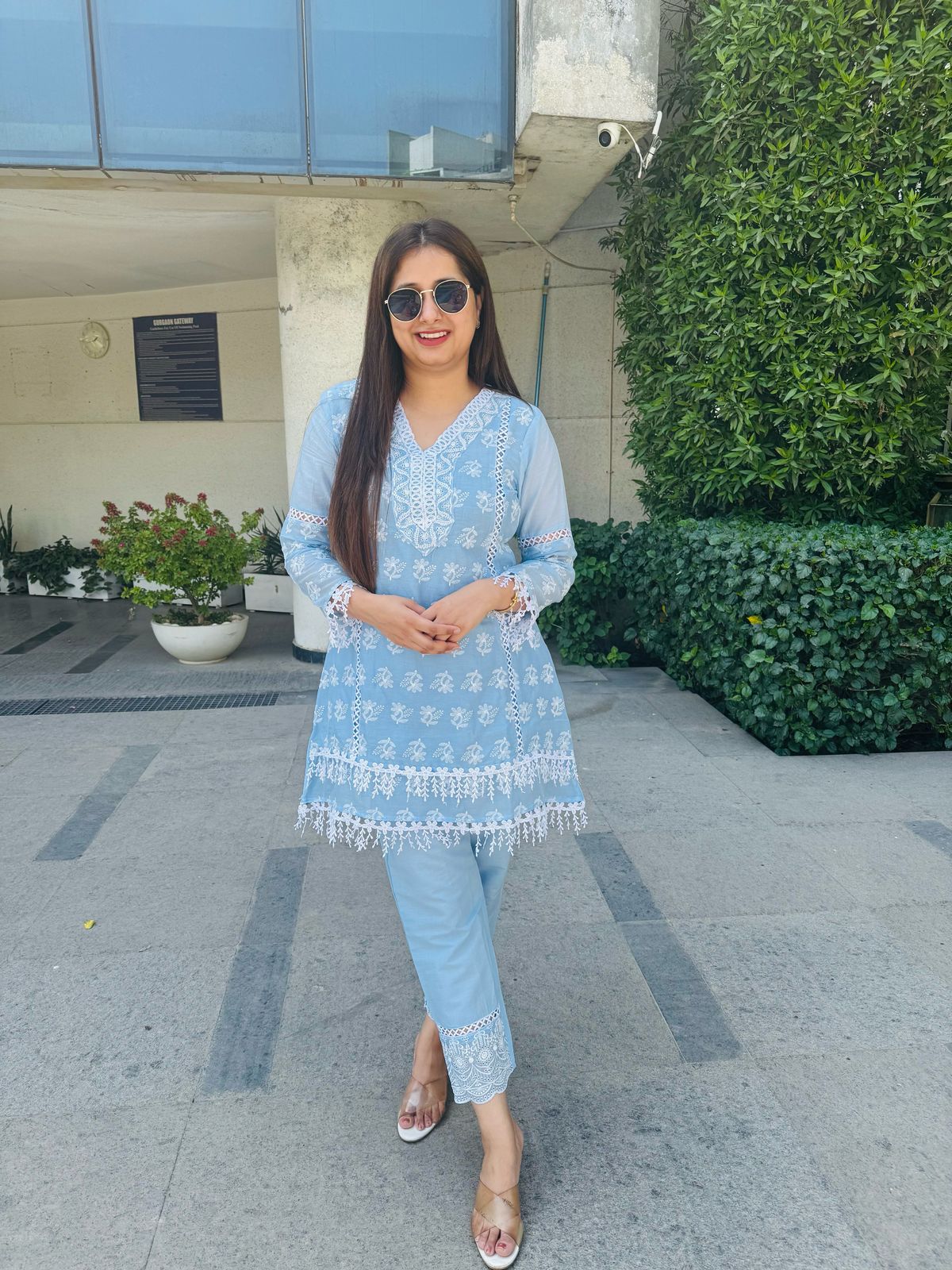 TITLI | Women's Light Blue Floral Embroidered Kurta Set | White Lace Net Sleeves Pant Suit