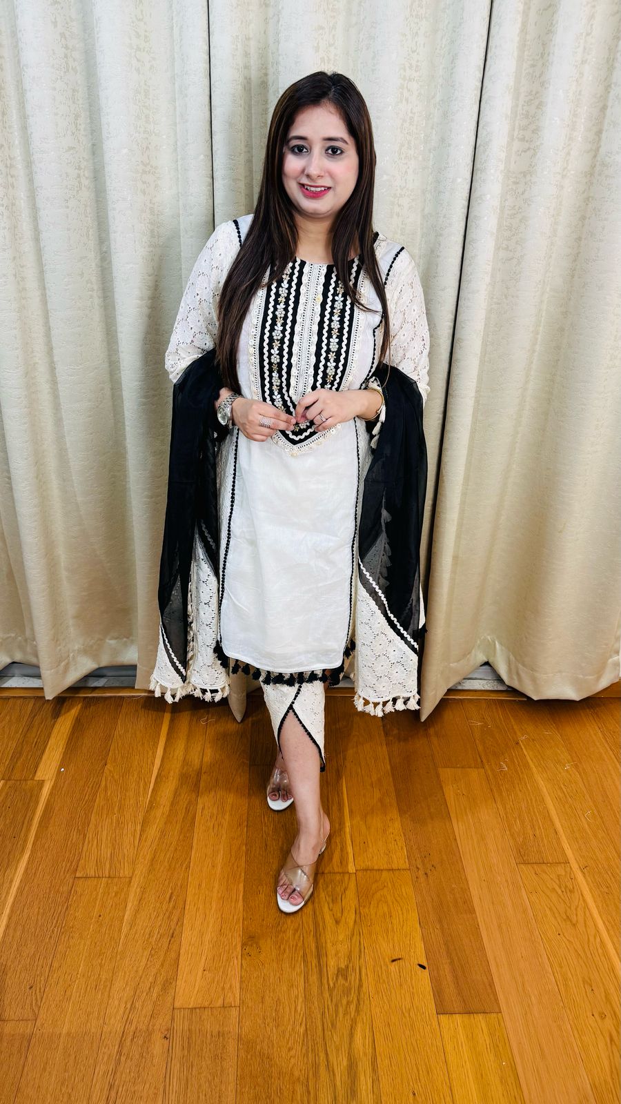 ERA | Women’s White Lace Kurta Pant Set | Black Embroidery Work with Designer Dupatta