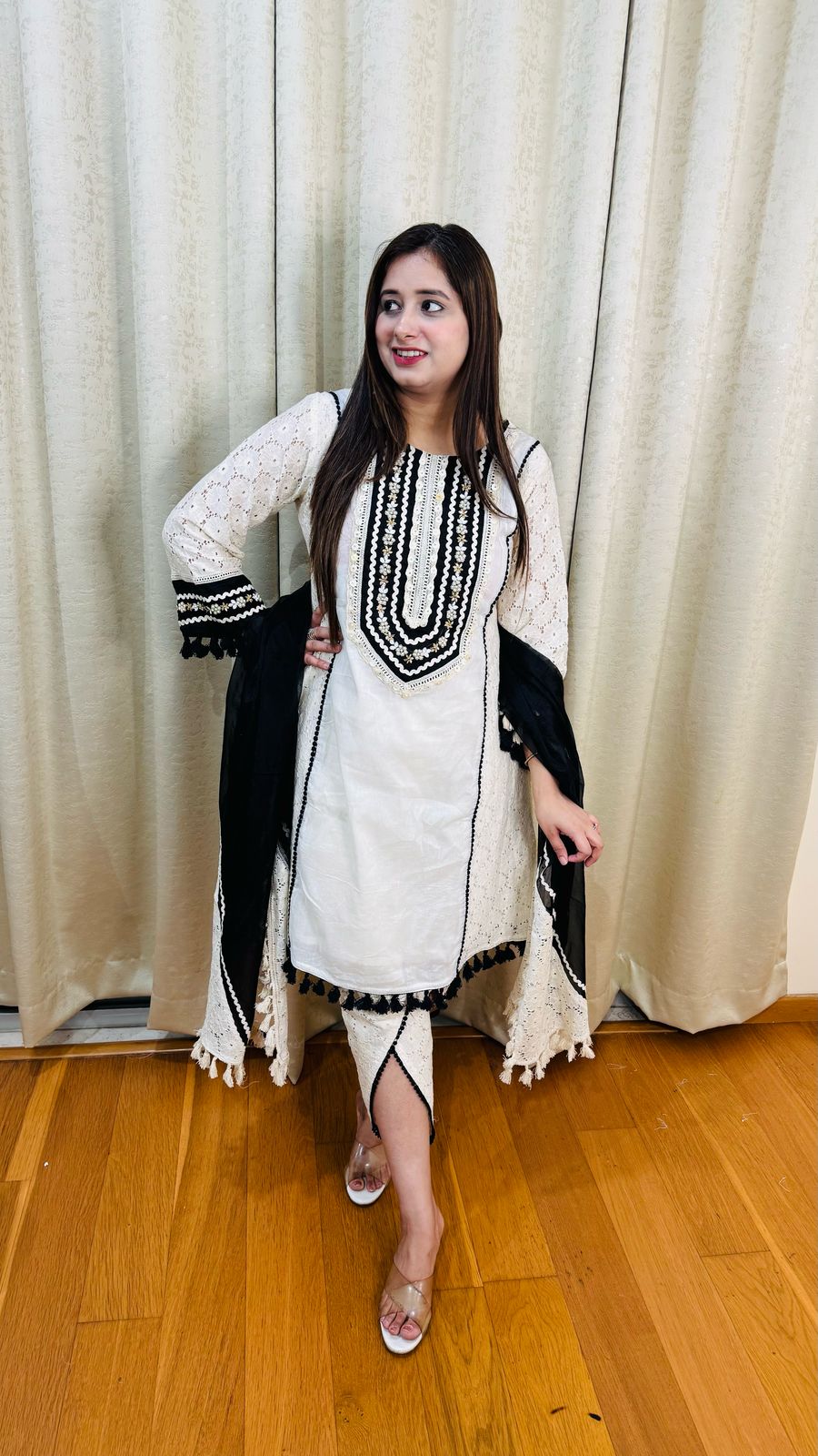 ERA | Women’s White Lace Kurta Pant Set | Black Embroidery Work with Designer Dupatta