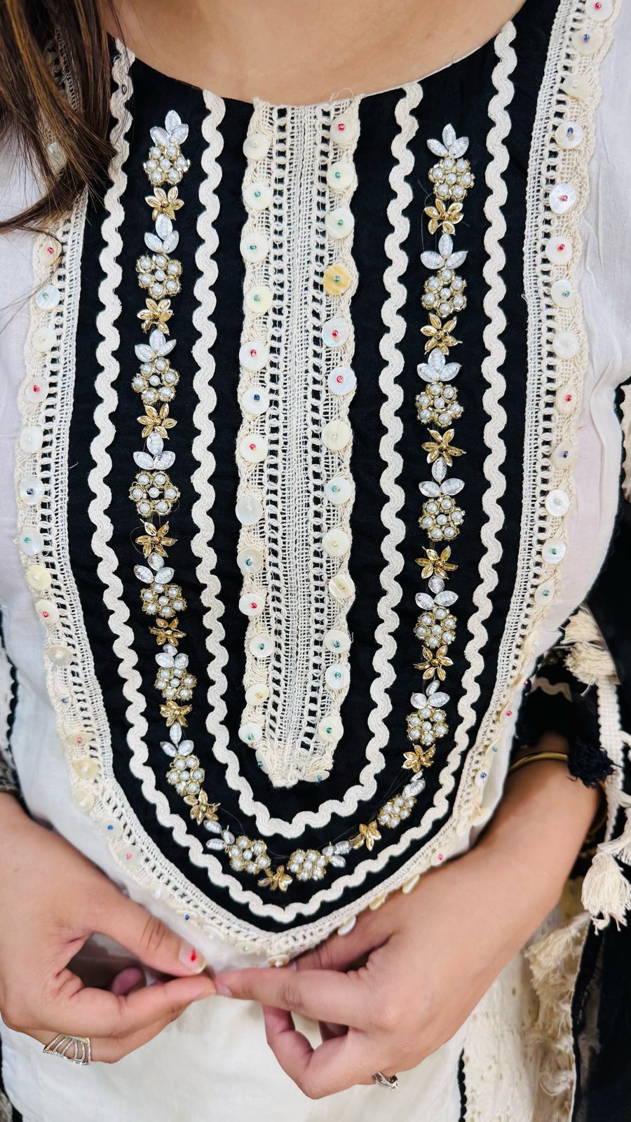 ERA | Women’s White Lace Kurta Pant Set | Black Embroidery Work with Designer Dupatta