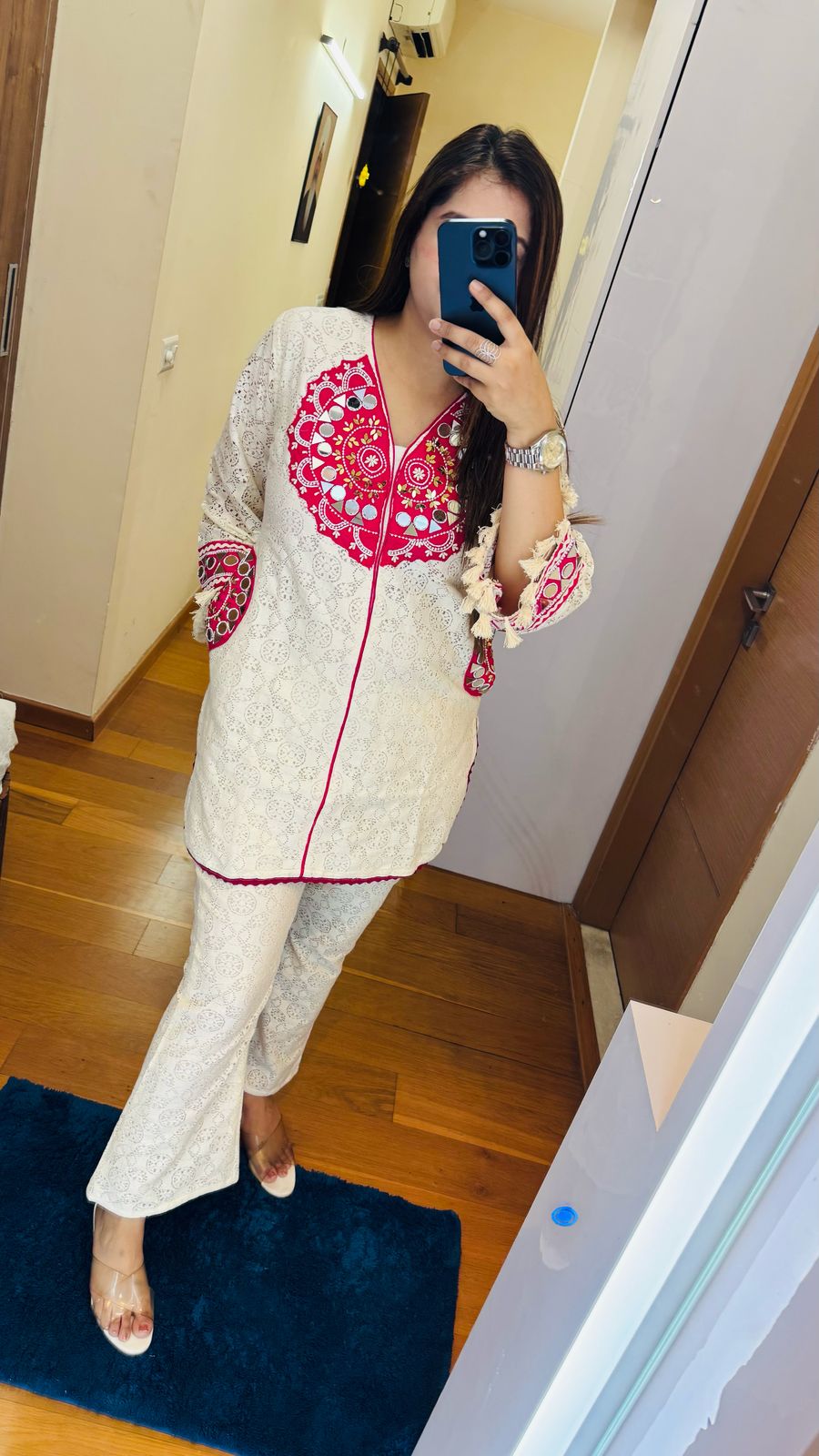 NAINA | Off-White Mirror Work Kurta Set | Pink Embroidered Cotton Lace Suit for Women