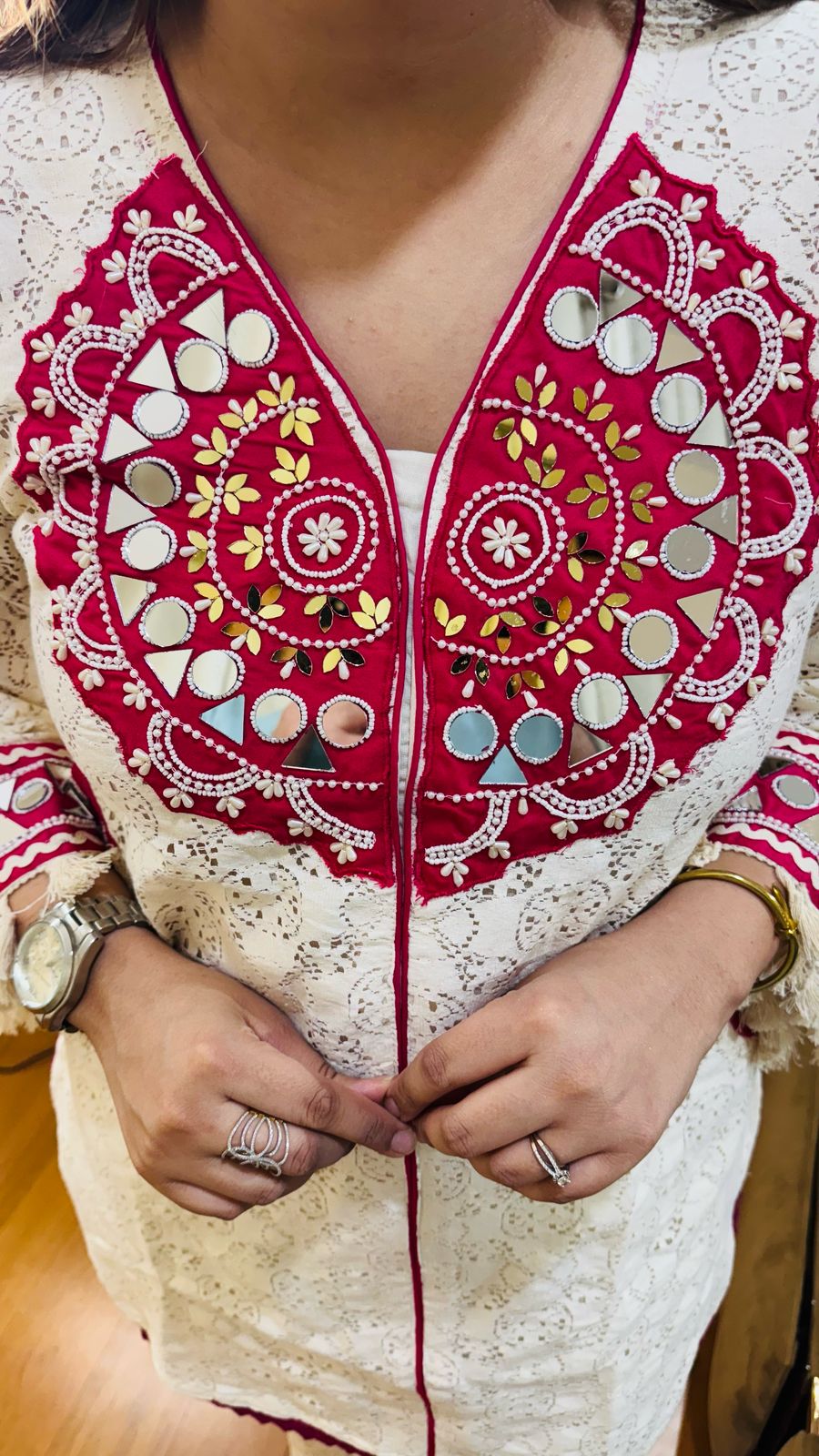 NAINA | Off-White Mirror Work Kurta Set | Pink Embroidered Cotton Lace Suit for Women