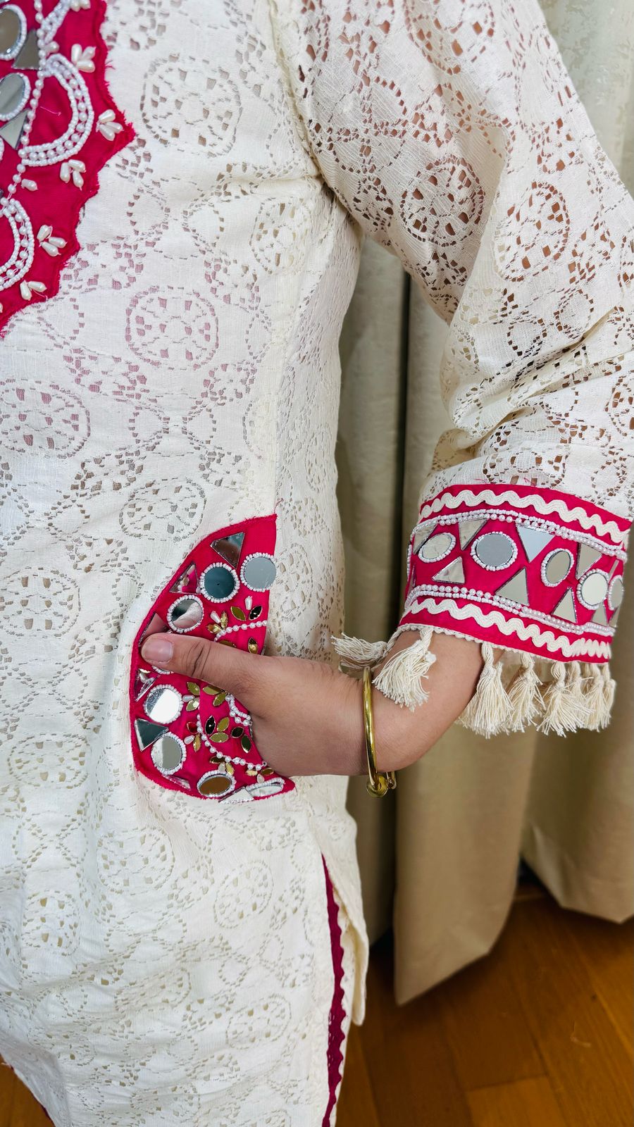 NAINA | Off-White Mirror Work Kurta Set | Pink Embroidered Cotton Lace Suit for Women