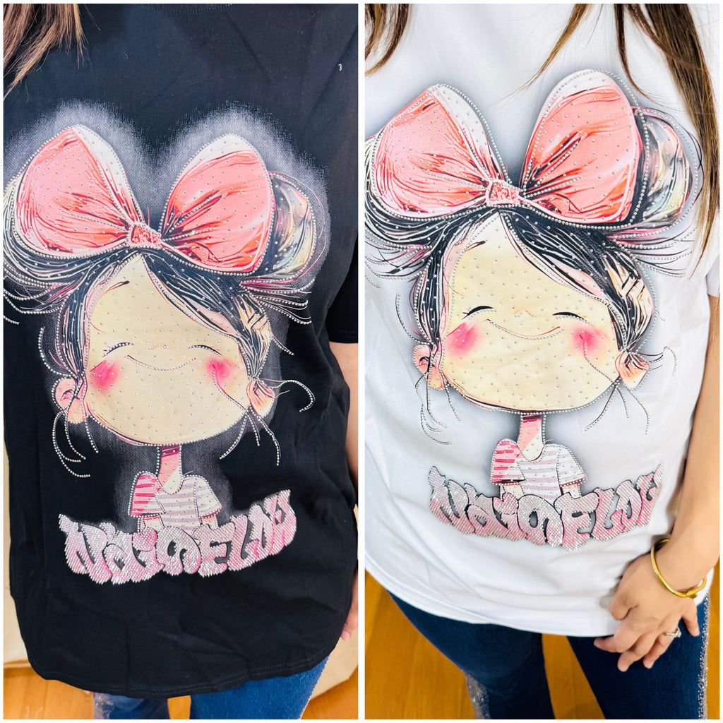 T-SHIRT | Women's Minnie Mouse Oversized T-shirt | Black & White Cartoon Print Cotton Top