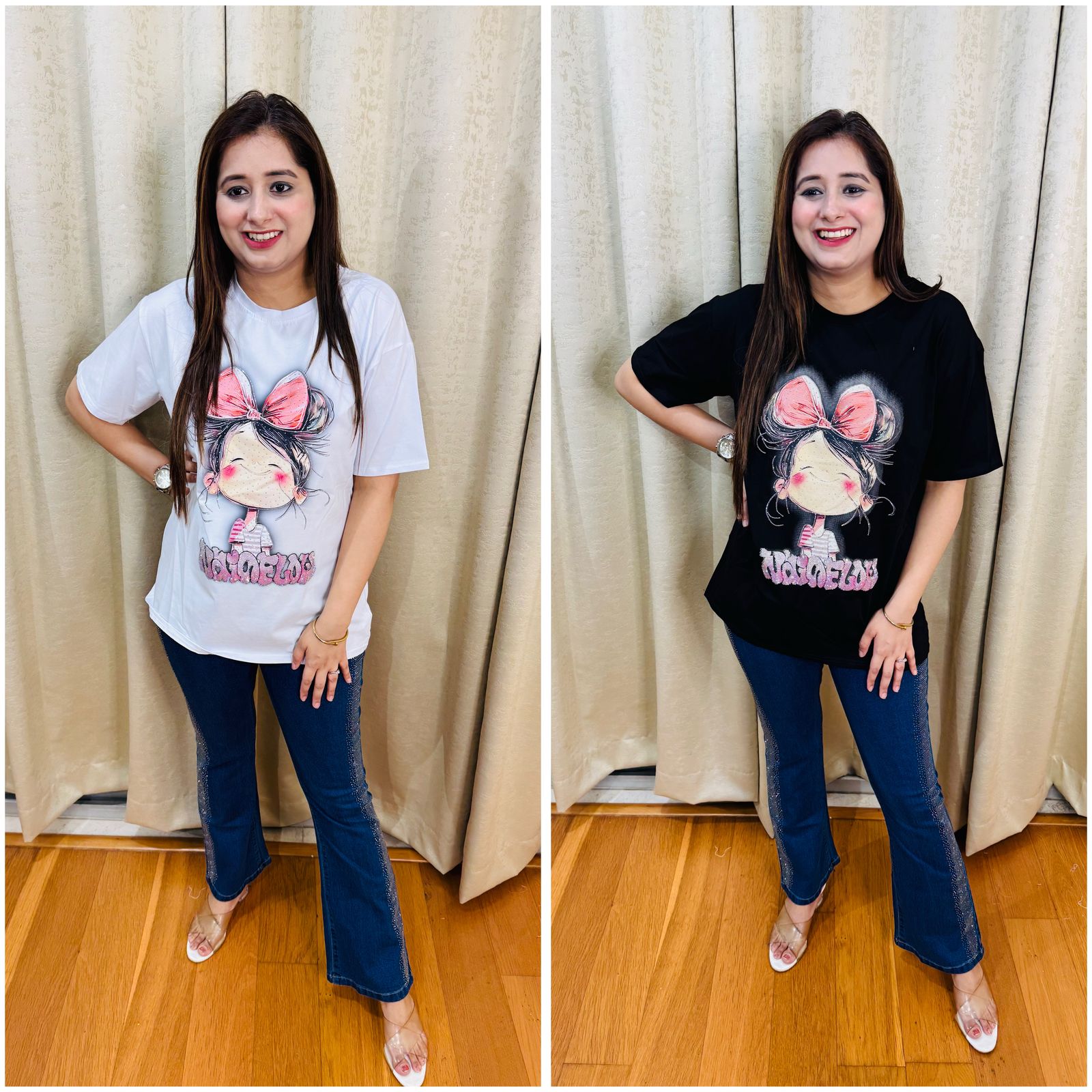 T-SHIRT | Women's Minnie Mouse Oversized T-shirt | Black & White Cartoon Print Cotton Top
