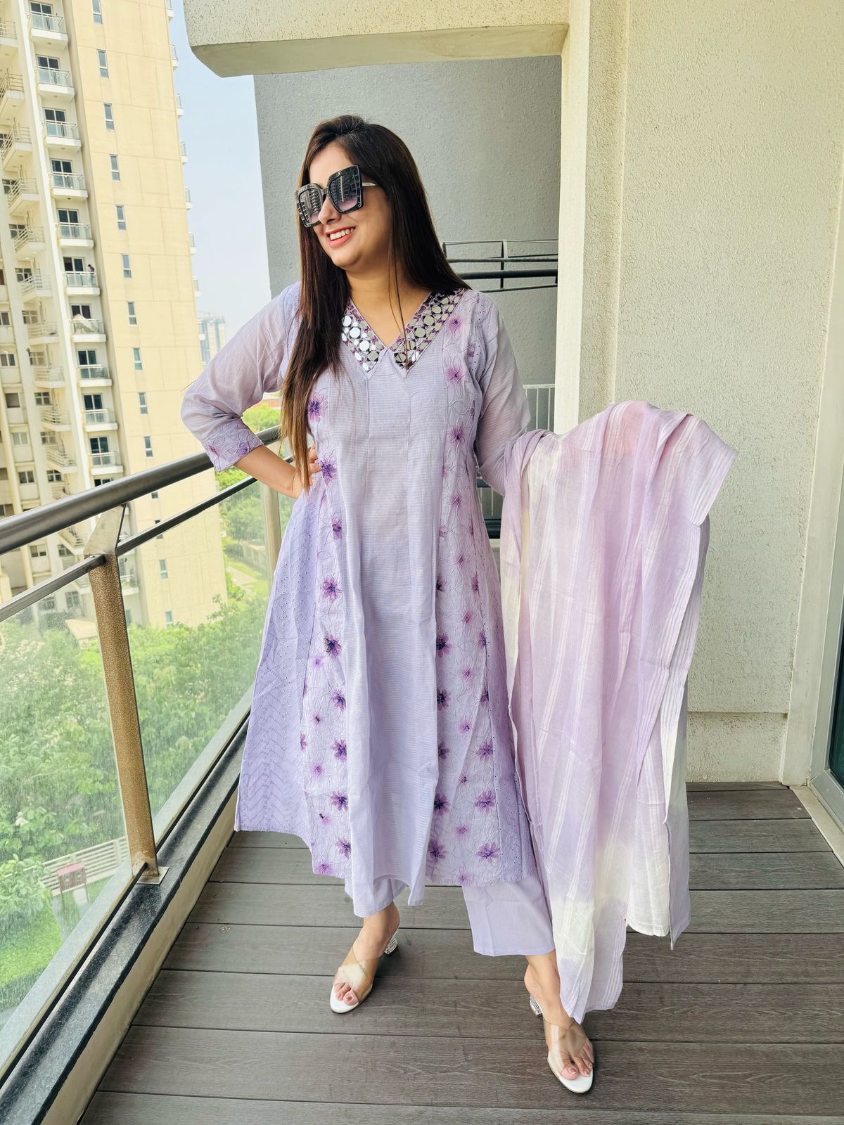 ANGEL | Pastel Purple A-Line Kurta Suit | Mirror Work & Floral Embroidery Dupatta Set