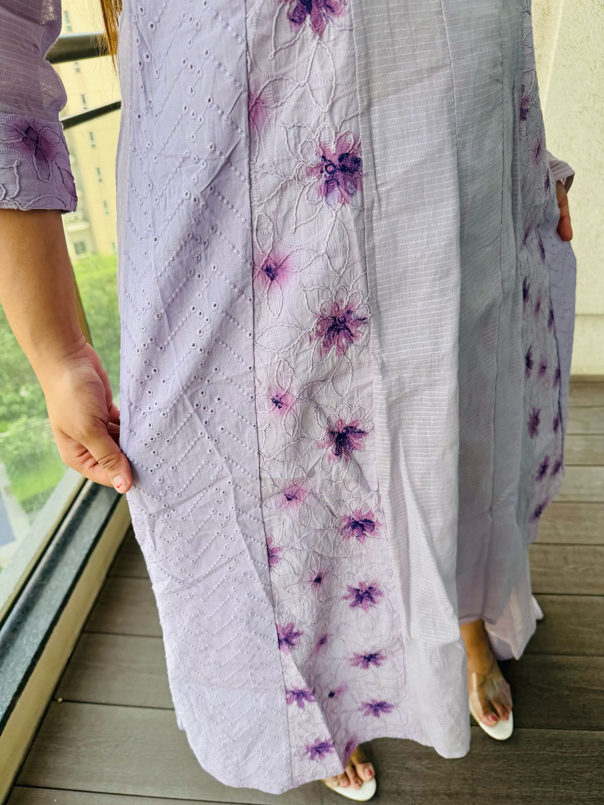 ANGEL | Pastel Purple A-Line Kurta Suit | Mirror Work & Floral Embroidery Dupatta Set