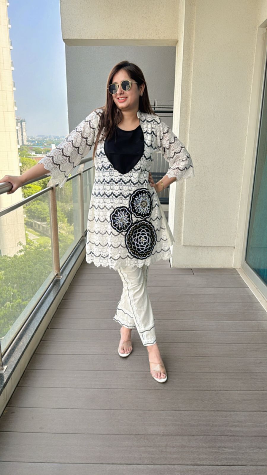 TISHITA | Women's White Net Lace Kurta Set | Black Floral Patch Panel Suit with Scallop Edges