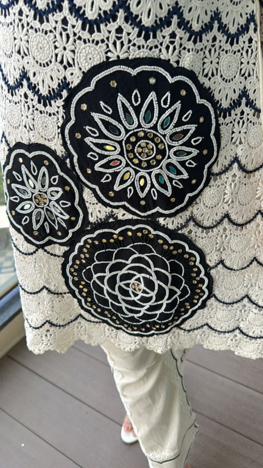 TISHITA | Women's White Net Lace Kurta Set | Black Floral Patch Panel Suit with Scallop Edges