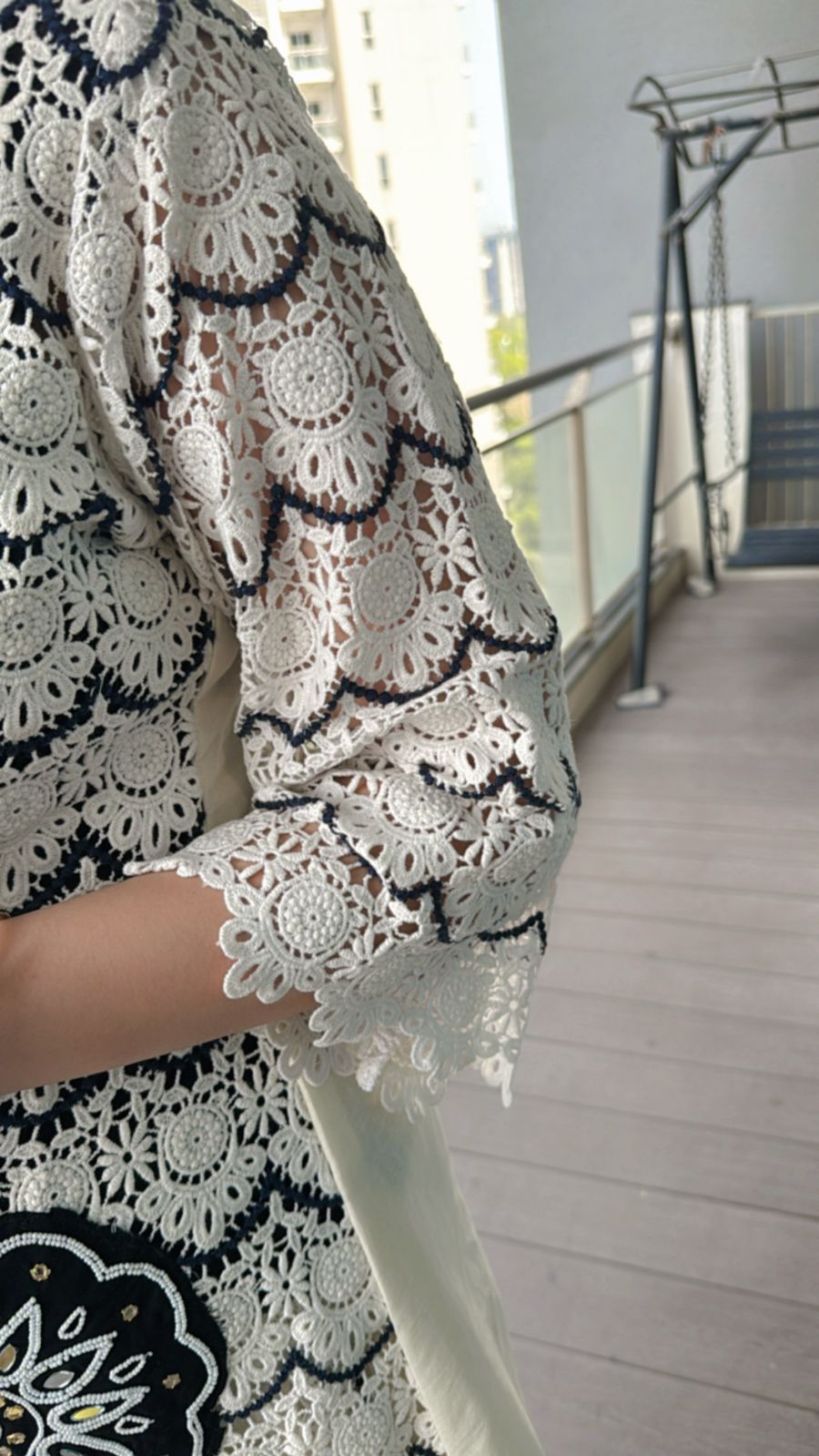 TISHITA | Women's White Net Lace Kurta Set | Black Floral Patch Panel Suit with Scallop Edges