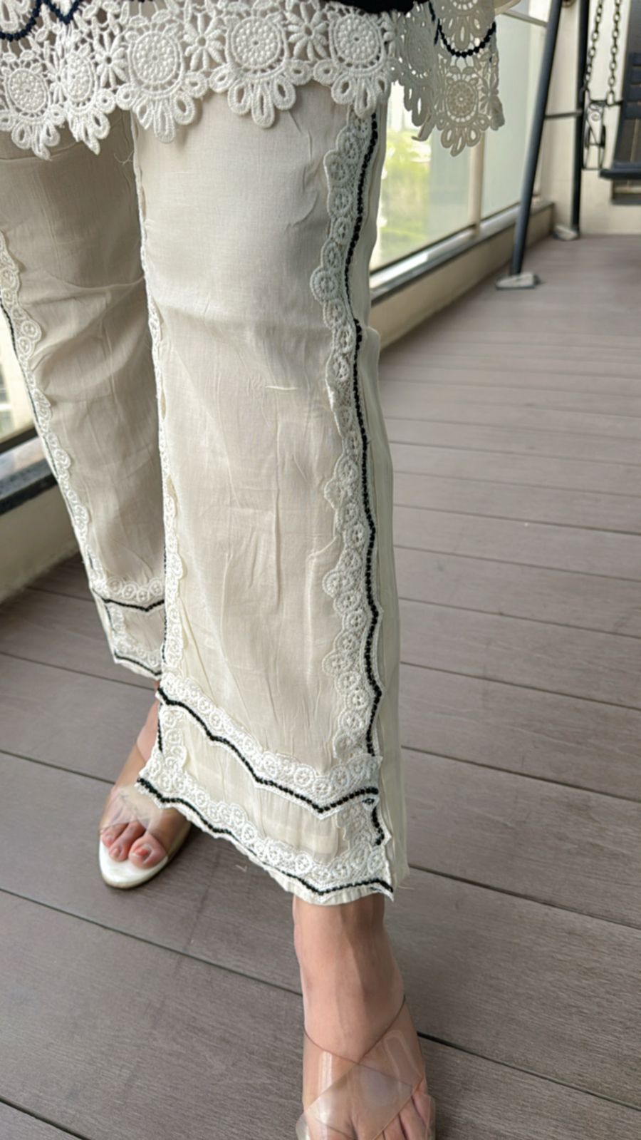 TISHITA | Women's White Net Lace Kurta Set | Black Floral Patch Panel Suit with Scallop Edges