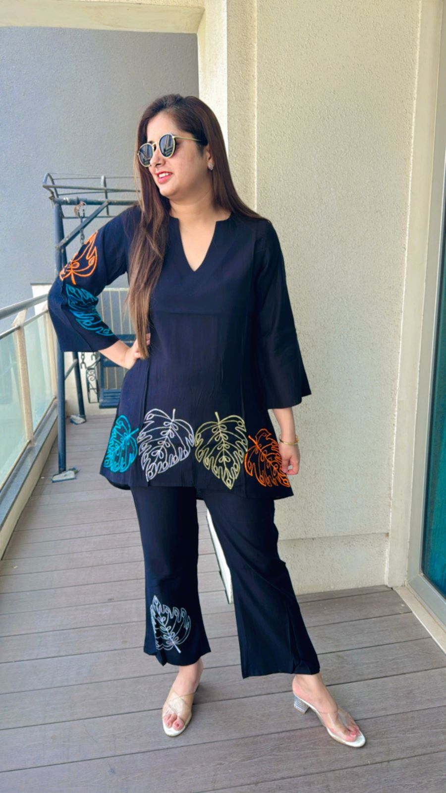 RINKAL | Women's Black Kurta Pant Set | Multicolored Leaf Embroidery Modern Suit