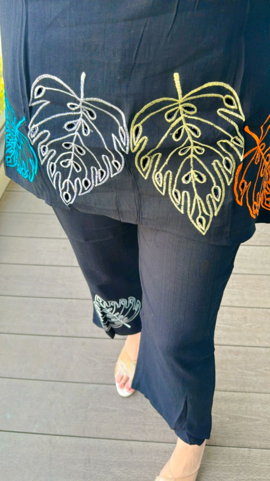 RINKAL | Women's Black Kurta Pant Set | Multicolored Leaf Embroidery Modern Suit