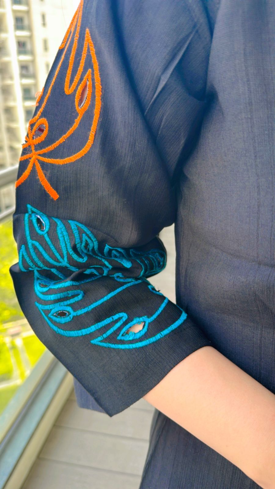 RINKAL | Women's Black Kurta Pant Set | Multicolored Leaf Embroidery Modern Suit
