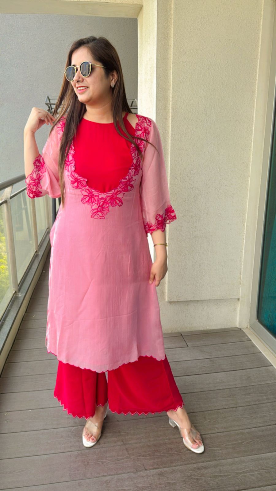 VIMI | Soft Pink Organza Kurta Set | Floral Applique Kurti with Red Palazzo Pants for Women