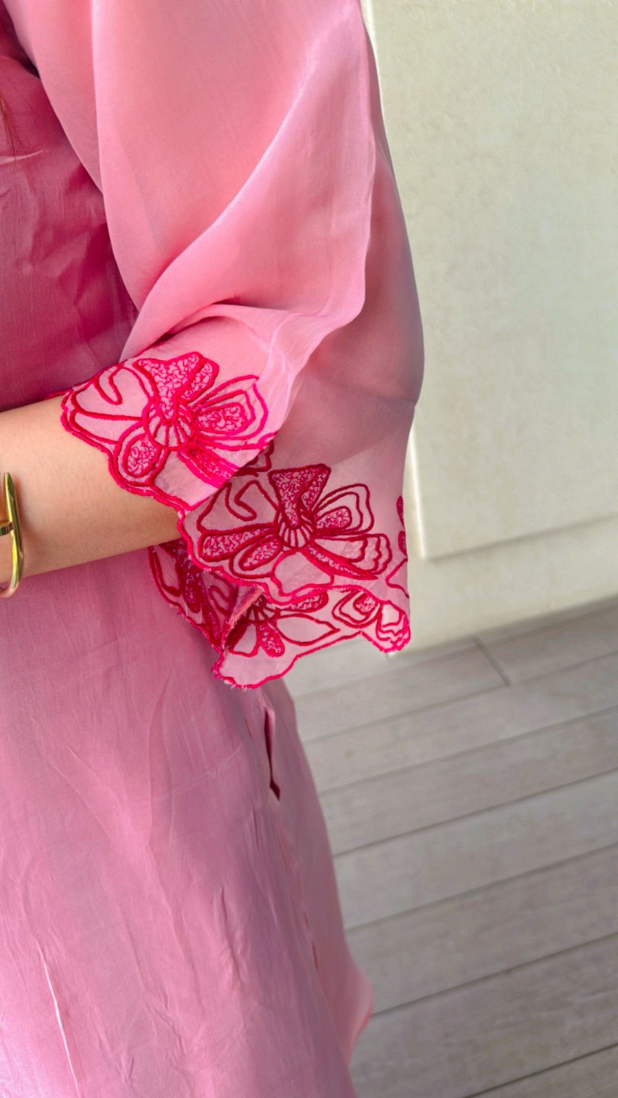 VIMI | Soft Pink Organza Kurta Set | Floral Applique Kurti with Red Palazzo Pants for Women