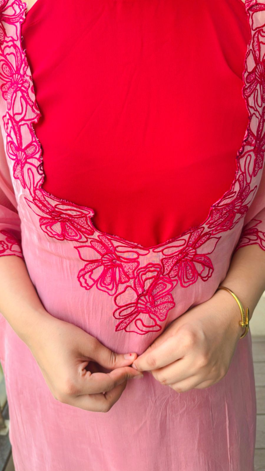 VIMI | Soft Pink Organza Kurta Set | Floral Applique Kurti with Red Palazzo Pants for Women