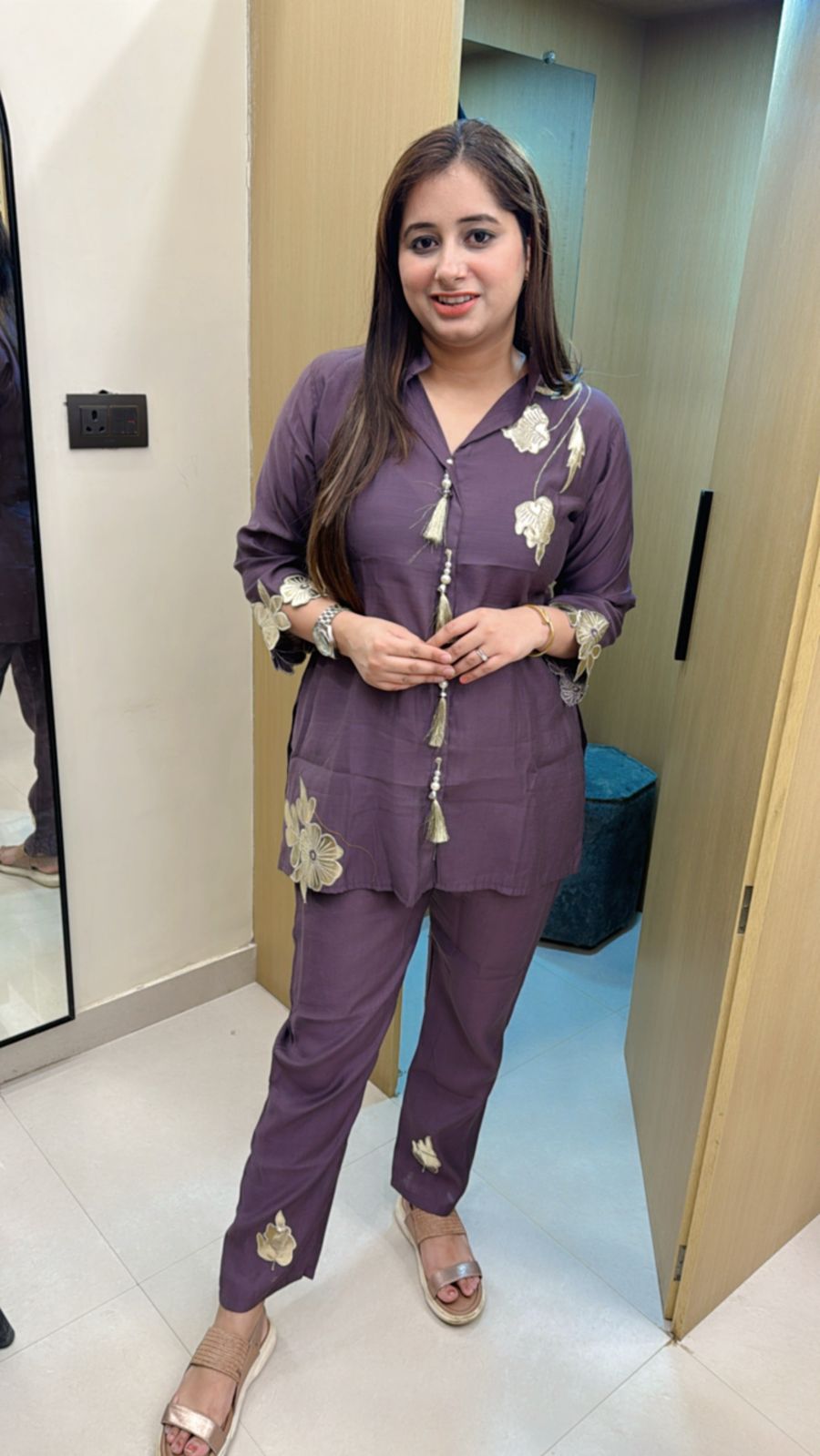 PARO | Mauve Embroidered Kurta Pant Set | Pearl & Tassel Detail Floral Suit for Women