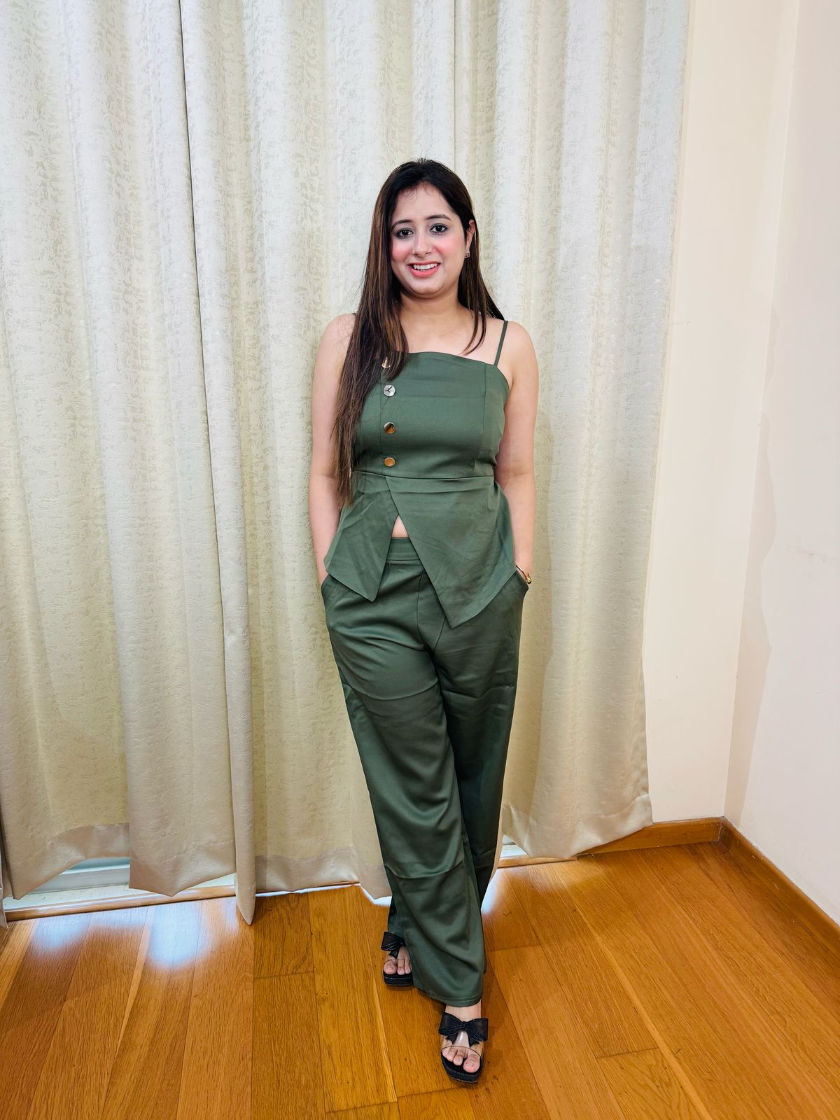 VANYA | Olive Green Strappy Peplum Co-ord Set | Asymmetric Crop Top with Wide Leg Pants