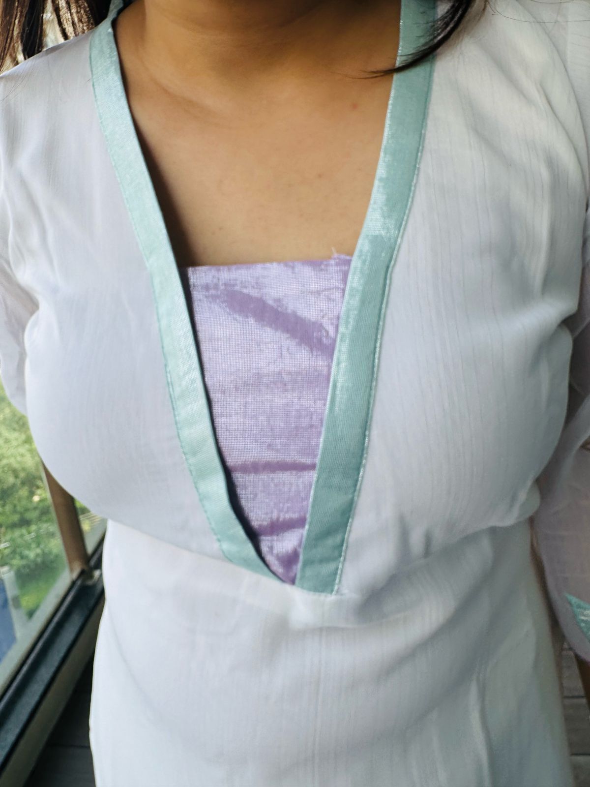 CHEENI | Mint Green Organza Suit Set with Lotus Embroidery | Lavender Border Kurta Pant & Dupatta