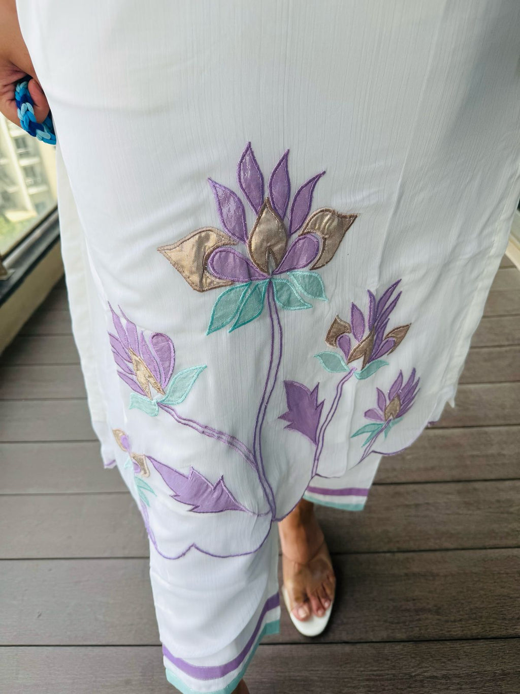 CHEENI | Mint Green Organza Suit Set with Lotus Embroidery | Lavender Border Kurta Pant & Dupatta