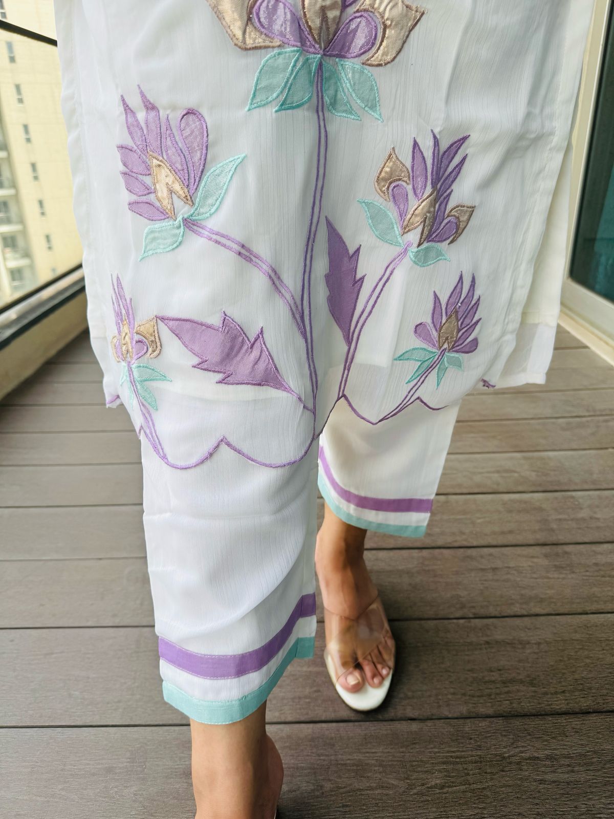 CHEENI | Mint Green Organza Suit Set with Lotus Embroidery | Lavender Border Kurta Pant & Dupatta