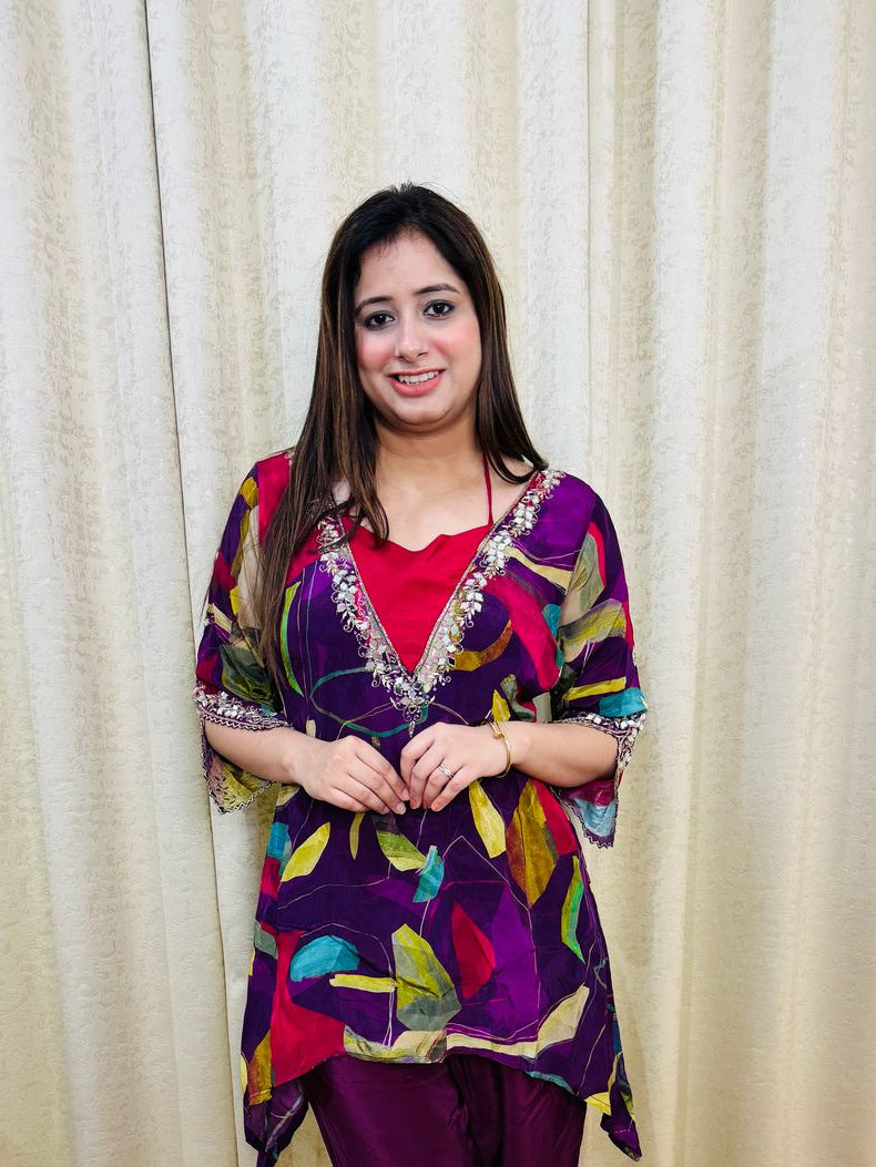 MITHI | Women's Multicolor Abstract Kaftan Kurti | Sequin Embellished Kurta