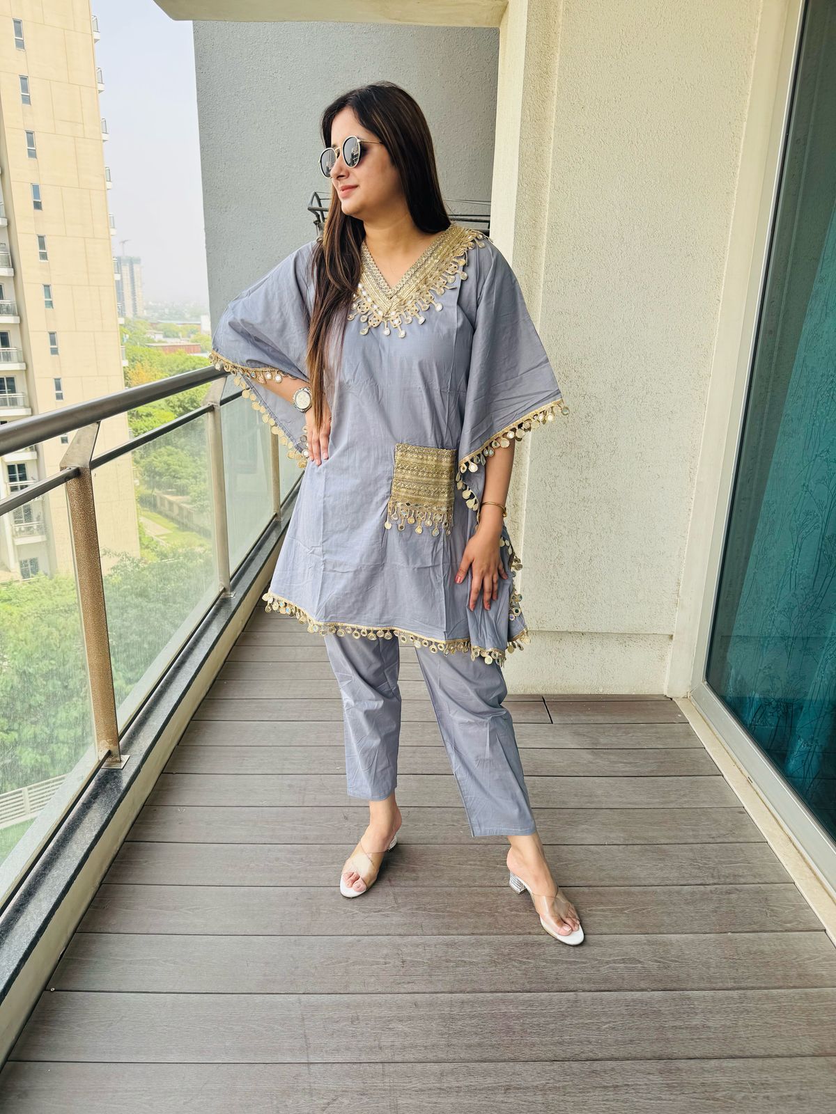 MINI | Grey Sequin Kaftan Set for Women | Gold Gota Lace Embellished Kurta Pant Co-ord