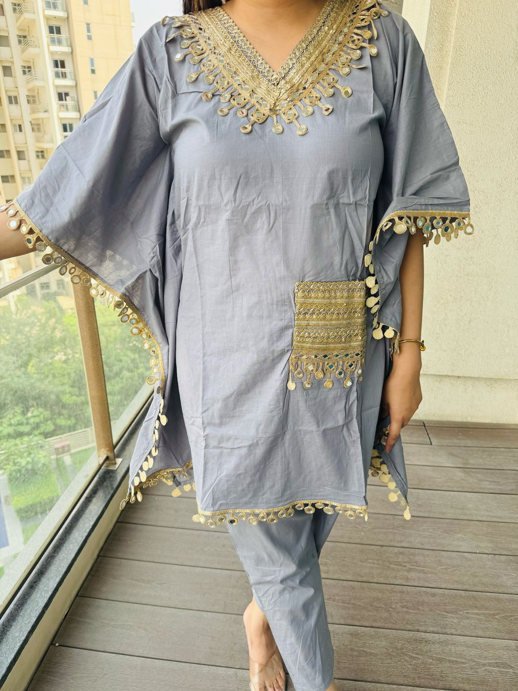 MINI | Grey Sequin Kaftan Set for Women | Gold Gota Lace Embellished Kurta Pant Co-ord
