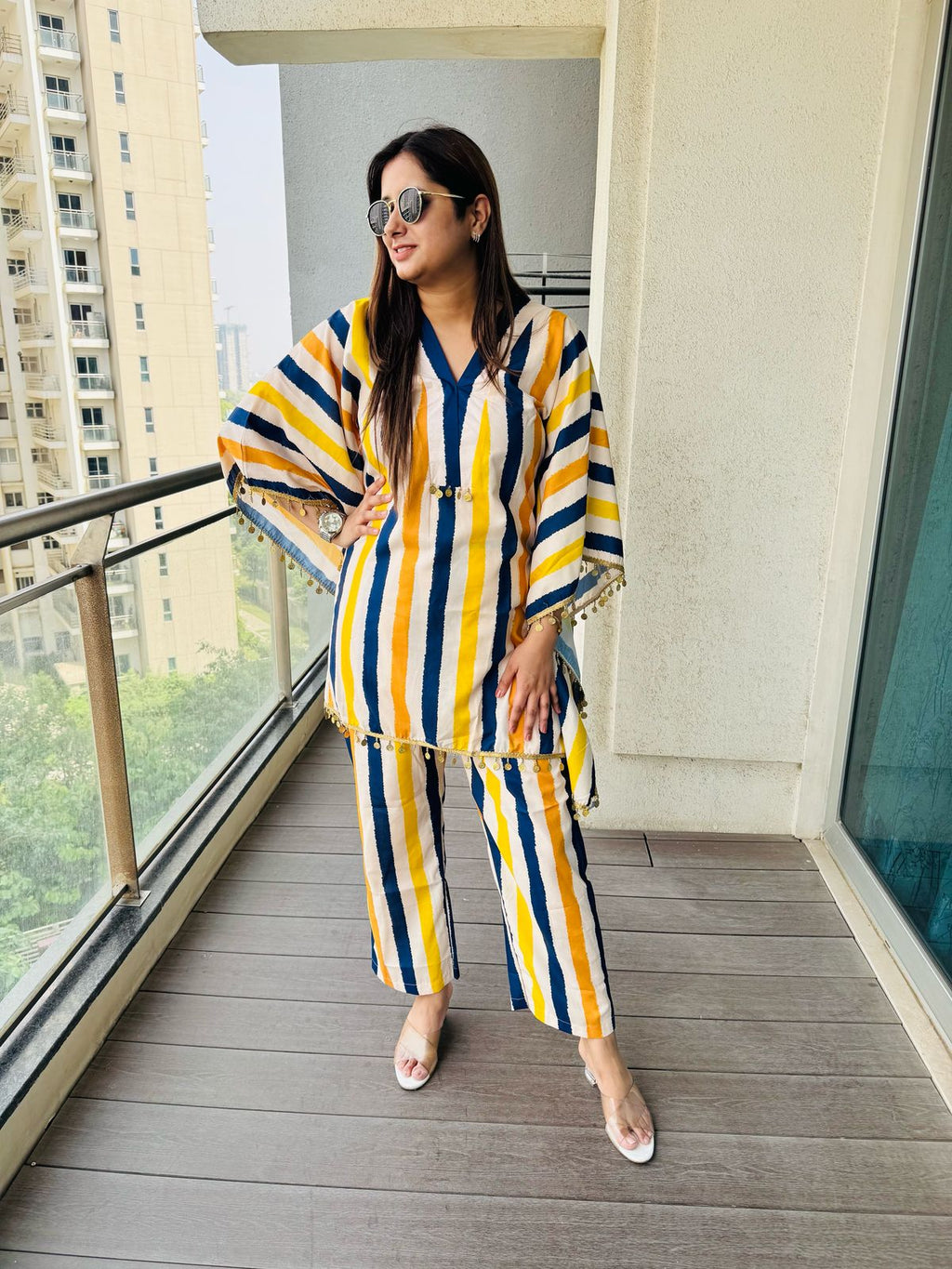 NEELI | Yellow Blue Striped Kaftan Co-ord Set | Gold Lace Trim Kurta Pant for Women