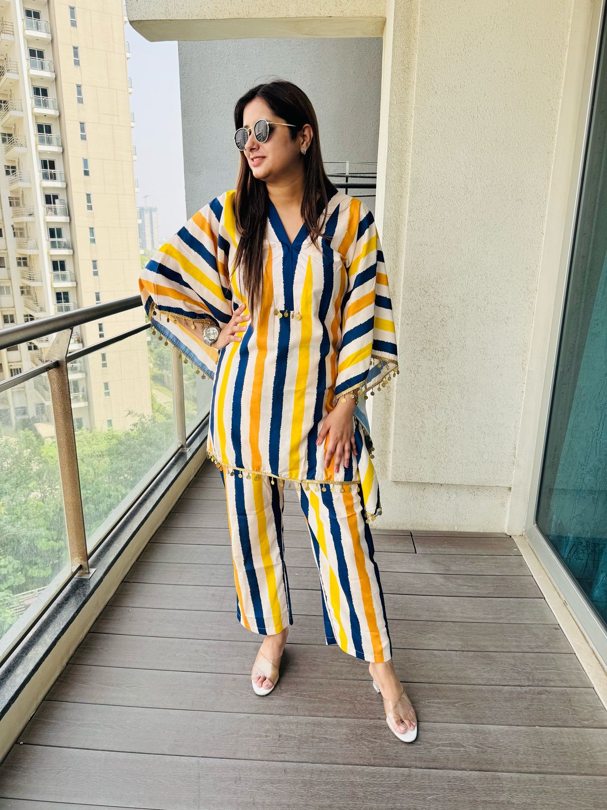 NEELI | Yellow Blue Striped Kaftan Co-ord Set | Gold Lace Trim Kurta Pant for Women