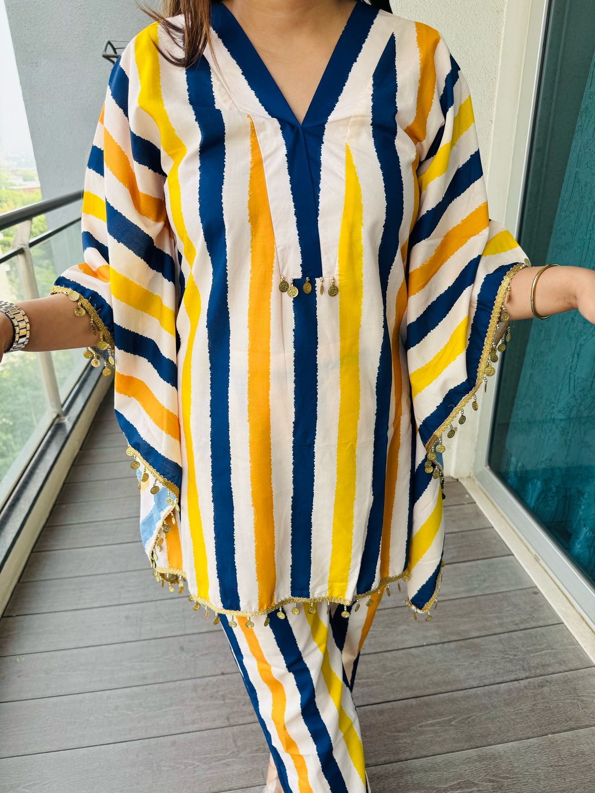 NEELI | Yellow Blue Striped Kaftan Co-ord Set | Gold Lace Trim Kurta Pant for Women