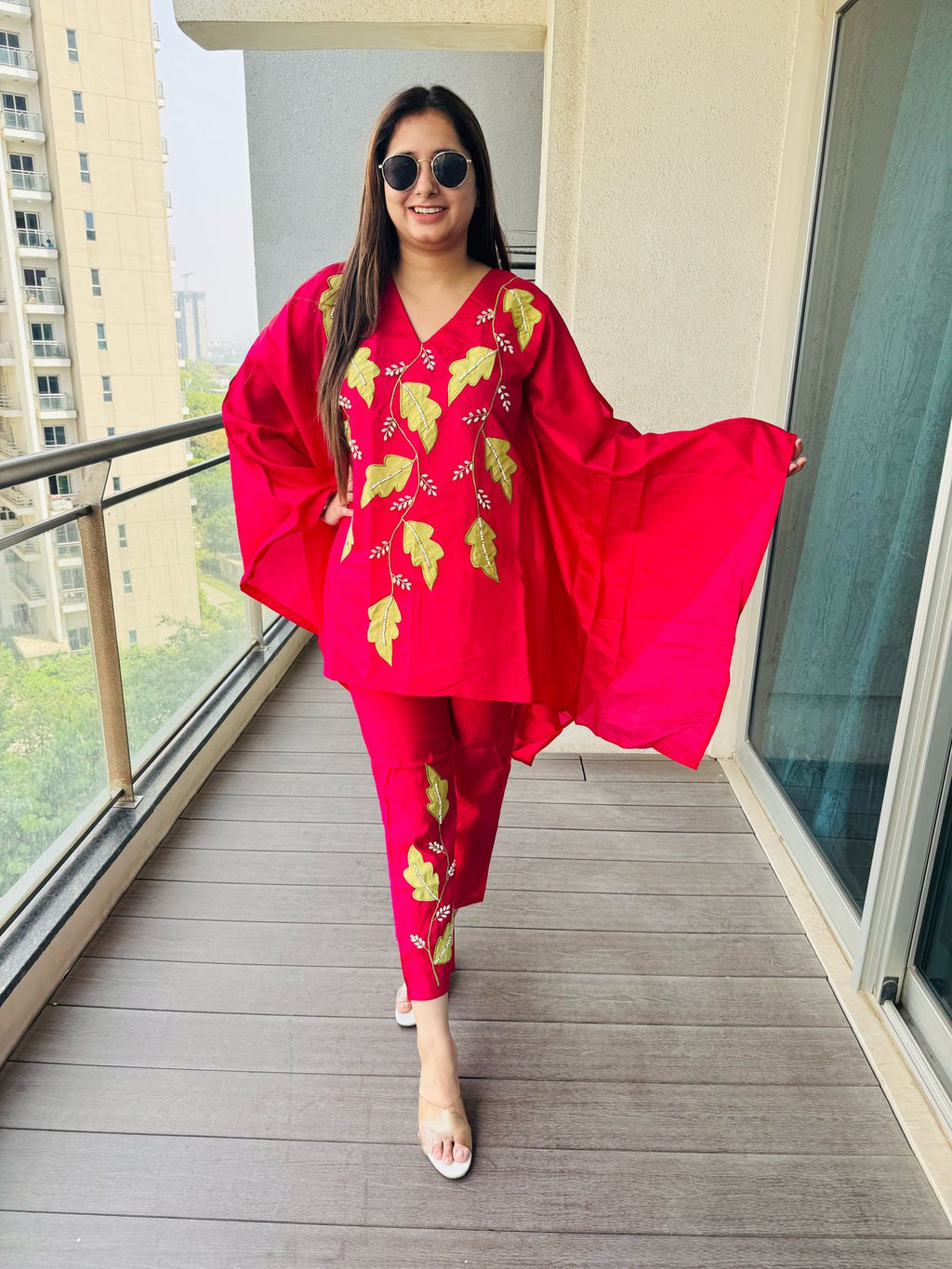 PURE COTTON | Women's Red Kaftan Co-ord Set | Gold Leaf Embroidered Kurta and Pants