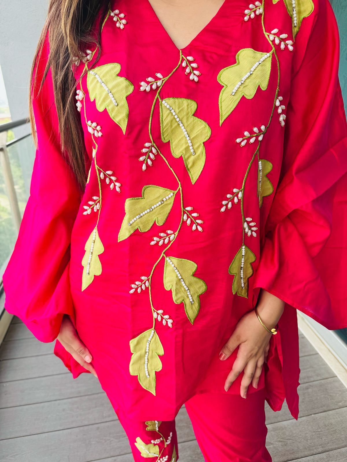 PURE COTTON | Women's Red Kaftan Co-ord Set | Gold Leaf Embroidered Kurta and Pants