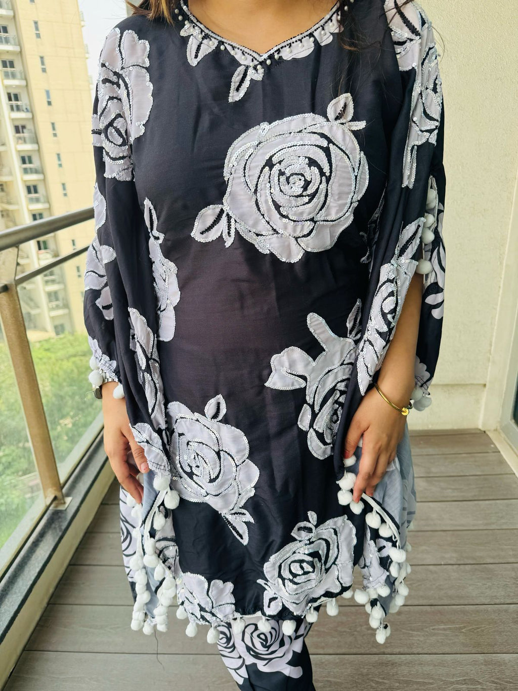PURE COTTEN | Women's Black Kaftan Kurta Set | White Rose Print Pom-Pom Pant Co-ord