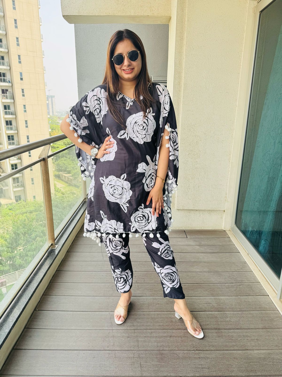 PURE COTTEN | Women's Black Kaftan Kurta Set | White Rose Print Pom-Pom Pant Co-ord
