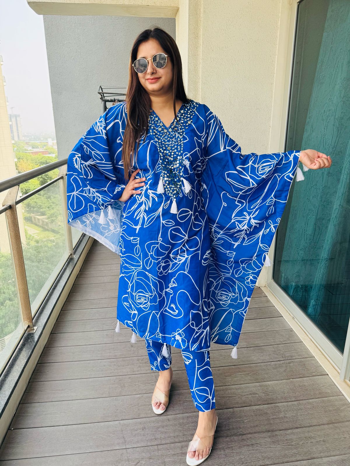 VISHI | Blue Mirror Work Kaftan Set | Abstract Floral Print Kurta Pant Co-ord for Women