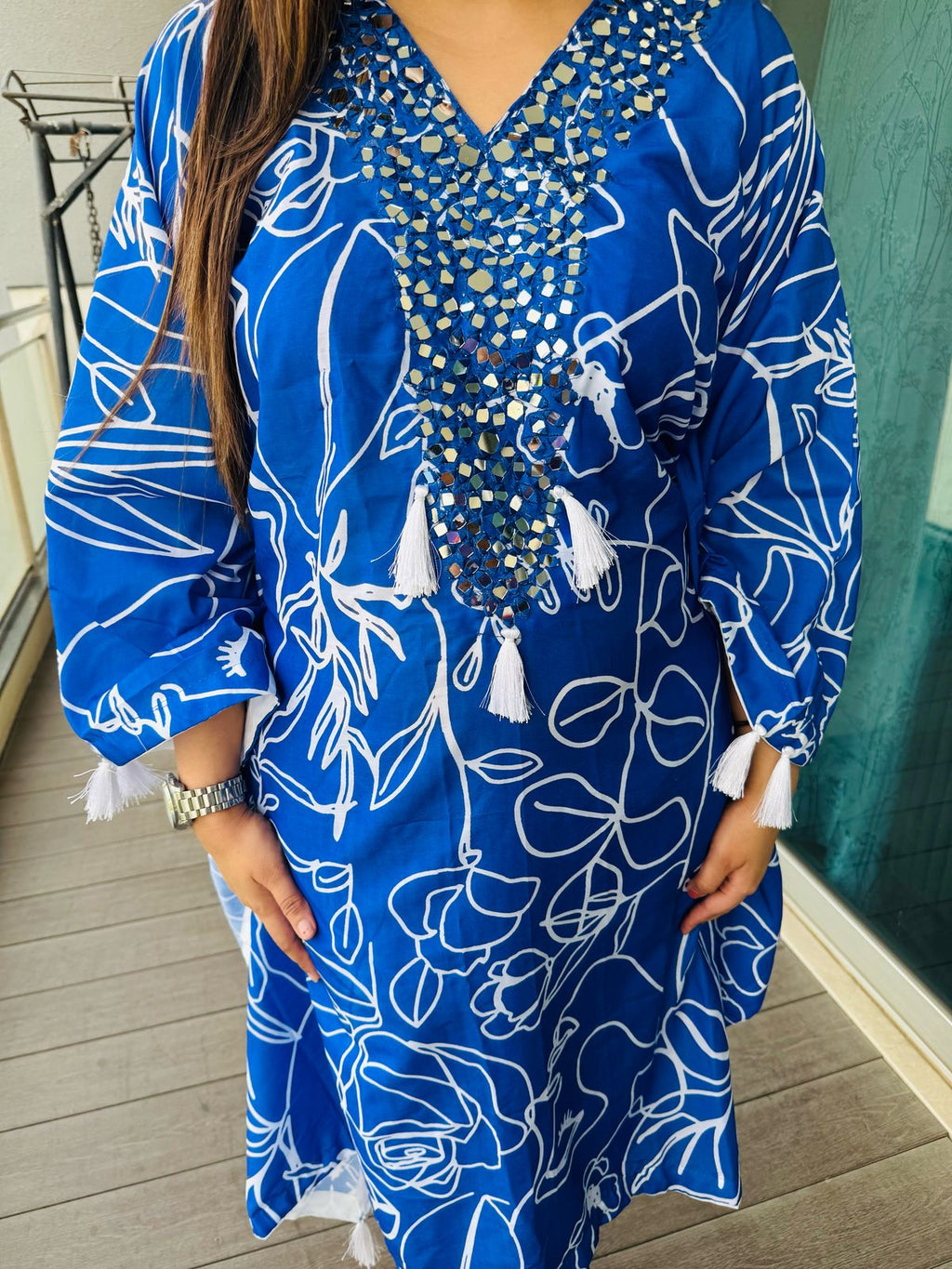 VISHI | Blue Mirror Work Kaftan Set | Abstract Floral Print Kurta Pant Co-ord for Women