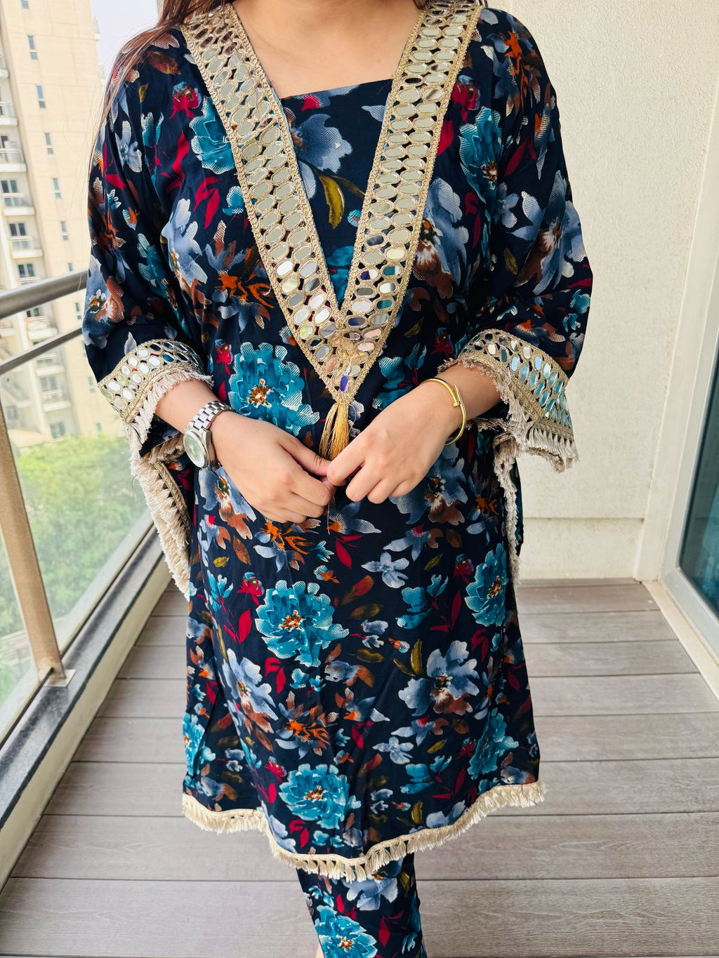 PURE COTTON | Women's Black Floral Kaftan Kurta Set | Gold Gota Lace Tassel Pant Suit