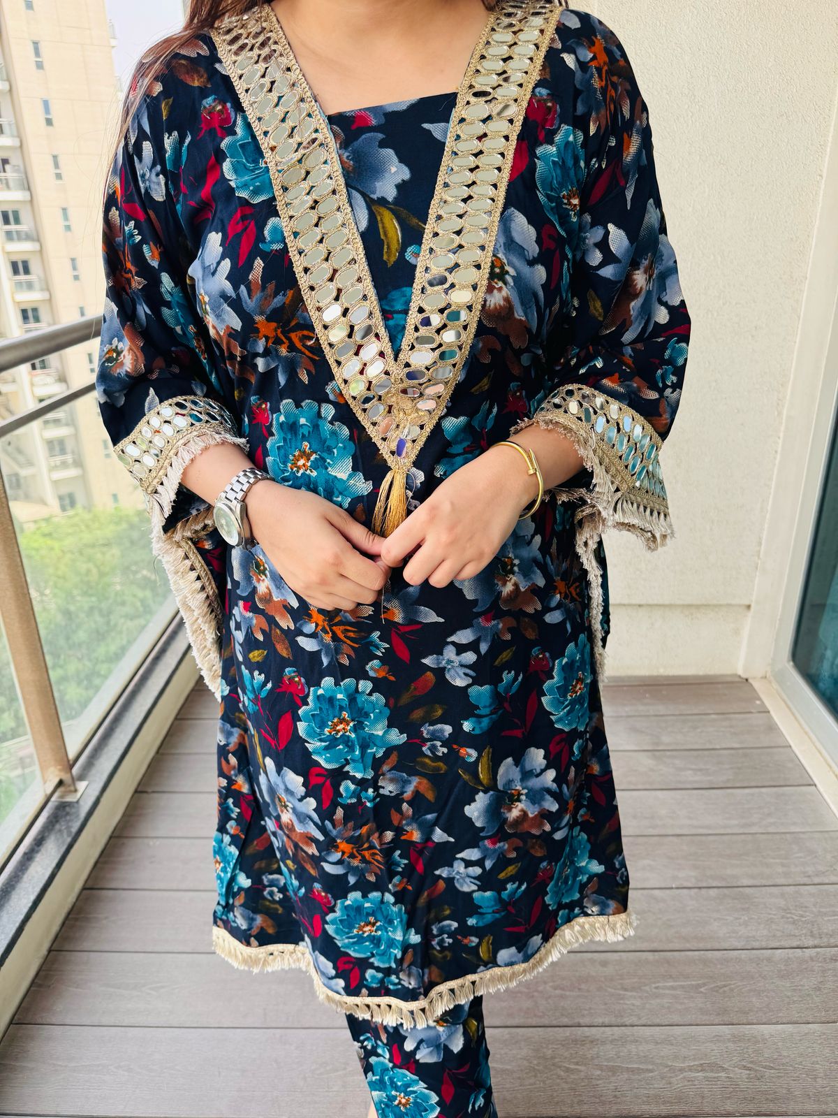 PURE COTTON | Women's Black Floral Kaftan Kurta Set | Gold Gota Lace Tassel Pant Suit