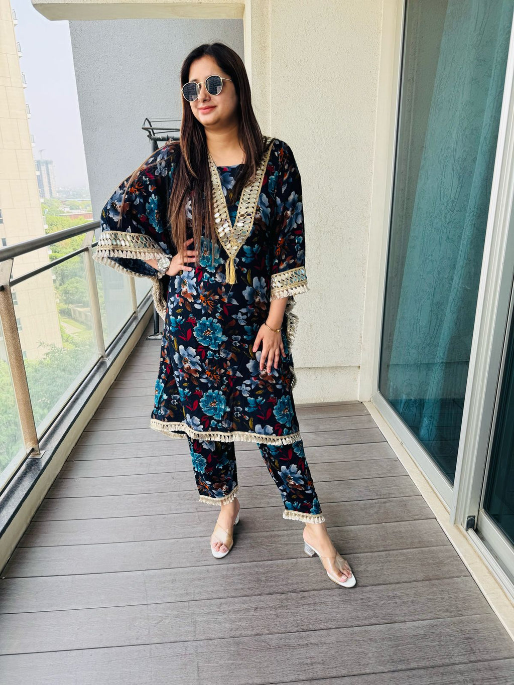 PURE COTTON | Women's Black Floral Kaftan Kurta Set | Gold Gota Lace Tassel Pant Suit