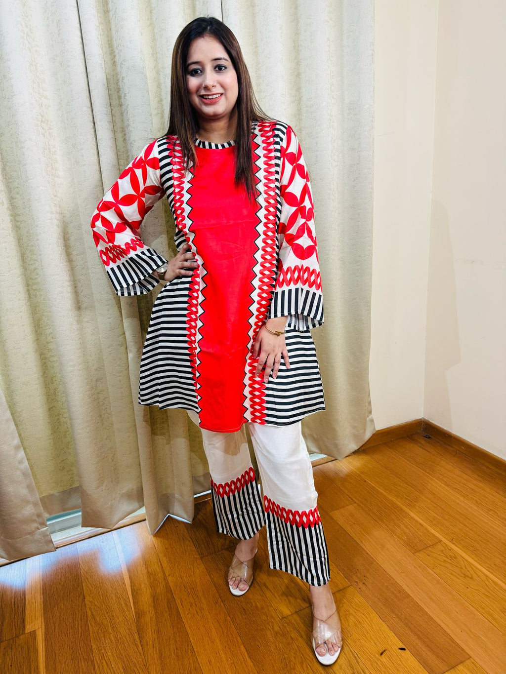 MEER | Red Black & White Geometric Kurta Set | Striped Pants Designer Ethnic Suit for Women