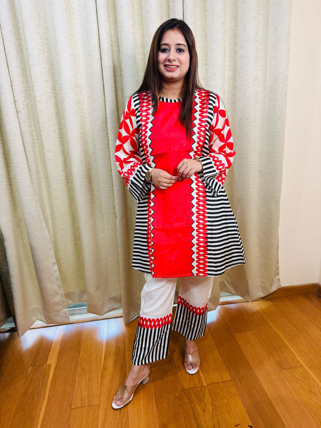 MEER | Red Black & White Geometric Kurta Set | Striped Pants Designer Ethnic Suit for Women