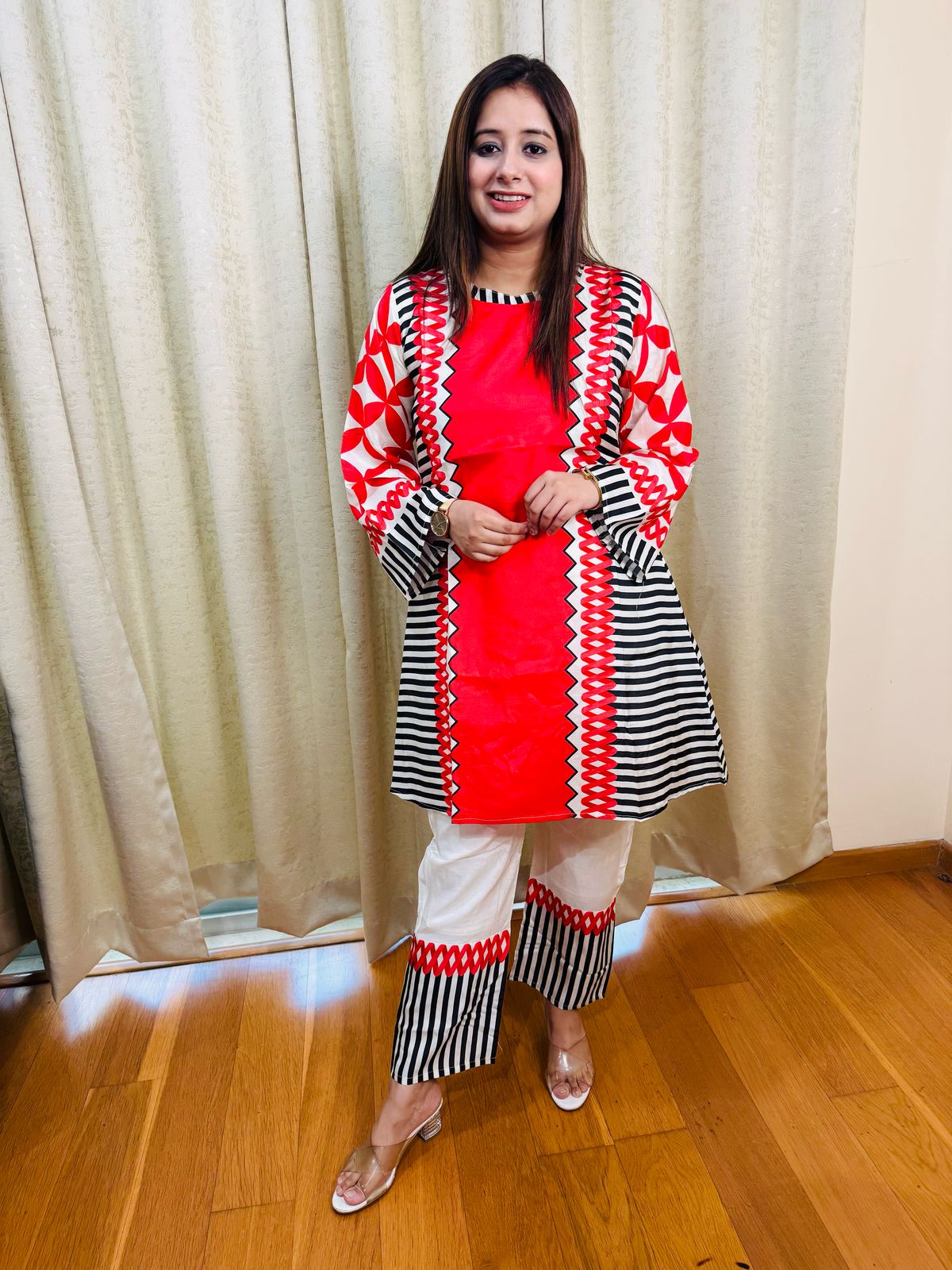 MEER | Red Black & White Geometric Kurta Set | Striped Pants Designer Ethnic Suit for Women